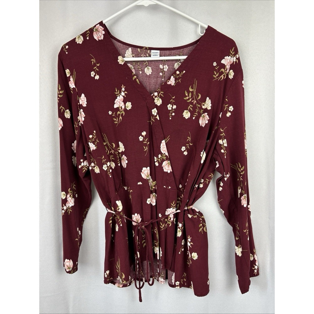 Old Navy Large Maroon Floral Long Sleeve Faux Wrap Top Peplum Tie Waist Peasant